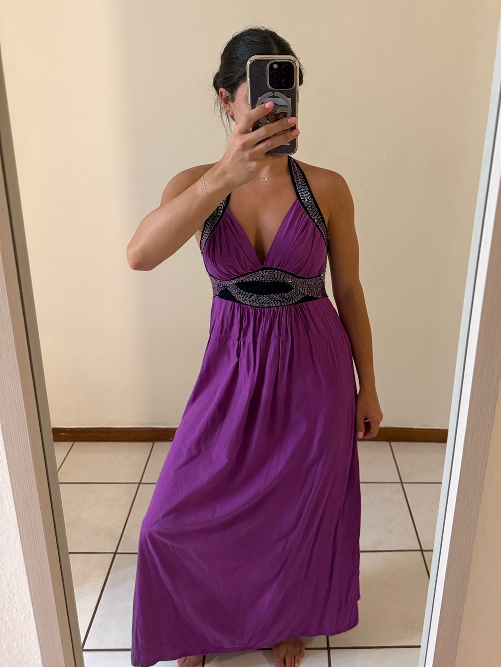 Women's Purple Halter Maxi Dress with Embellished Waist